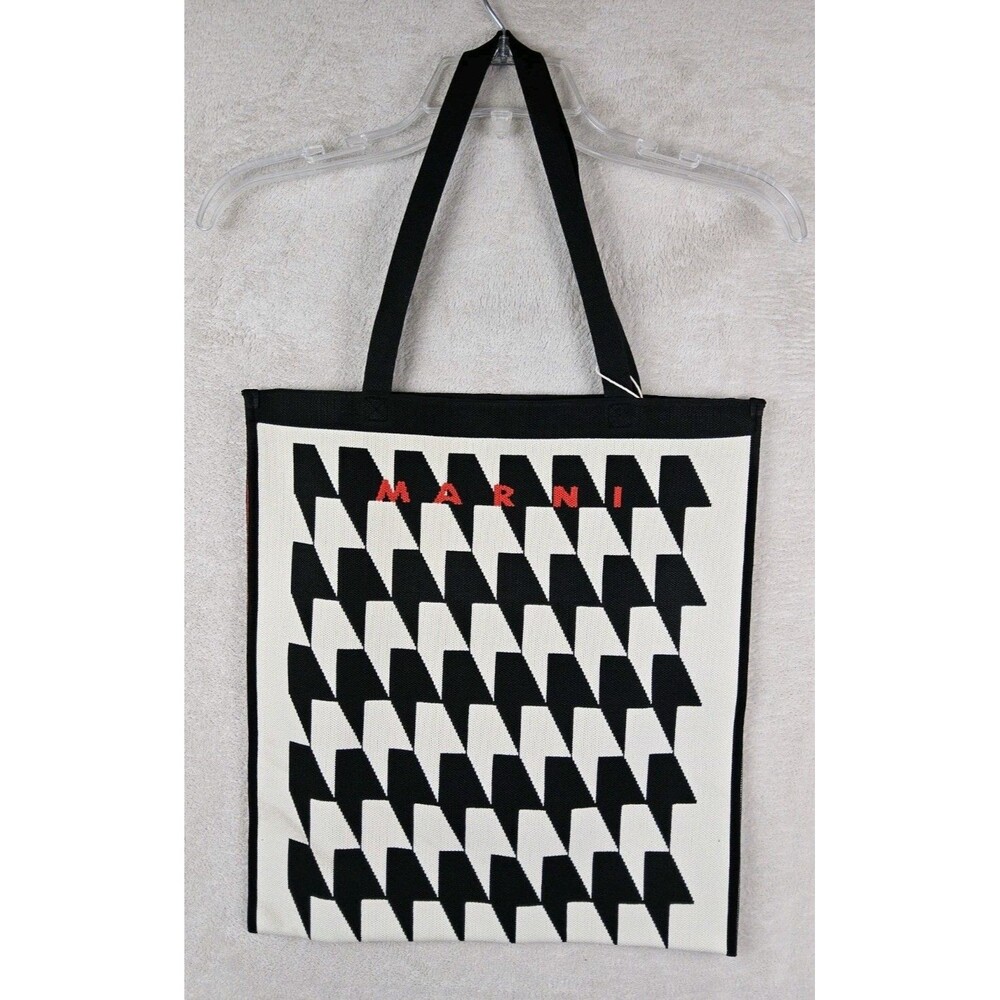 Marni Market Knit Shopper Tote Bag Black White Houndstooth Red Logo NWT Italy